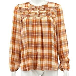 Lauren Conrad‎ Top Womens Small Tan Plaid Satiny Sheer Fall Western Country Boho